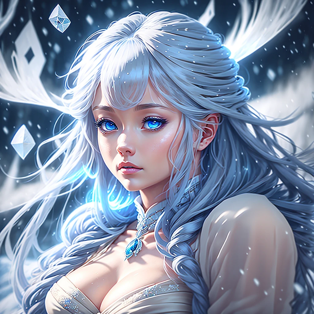 (best quality, highres, ice skull:1.1), ice skull, girl style, thick body art, detailed facial features, icy blue eyes, glossy lips, long eyelashes, porcelain skin, blue and silver color scheme, intricate skull design, realistic texture, vibrant colors, elaborate background, mysterious atmosphere, frozen garden, snow-covered trees, sparkling ice crystals, surreal lighting, fantasy elements