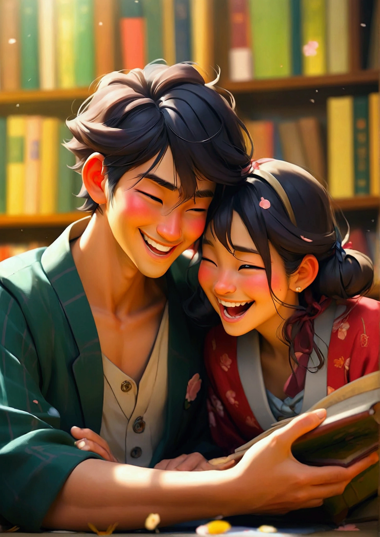 romantic couple. Japanese. a man is (lying on the library floor), laughing cheerfully, woman (sitting) laughing wearing Japanese school clothes (above him).