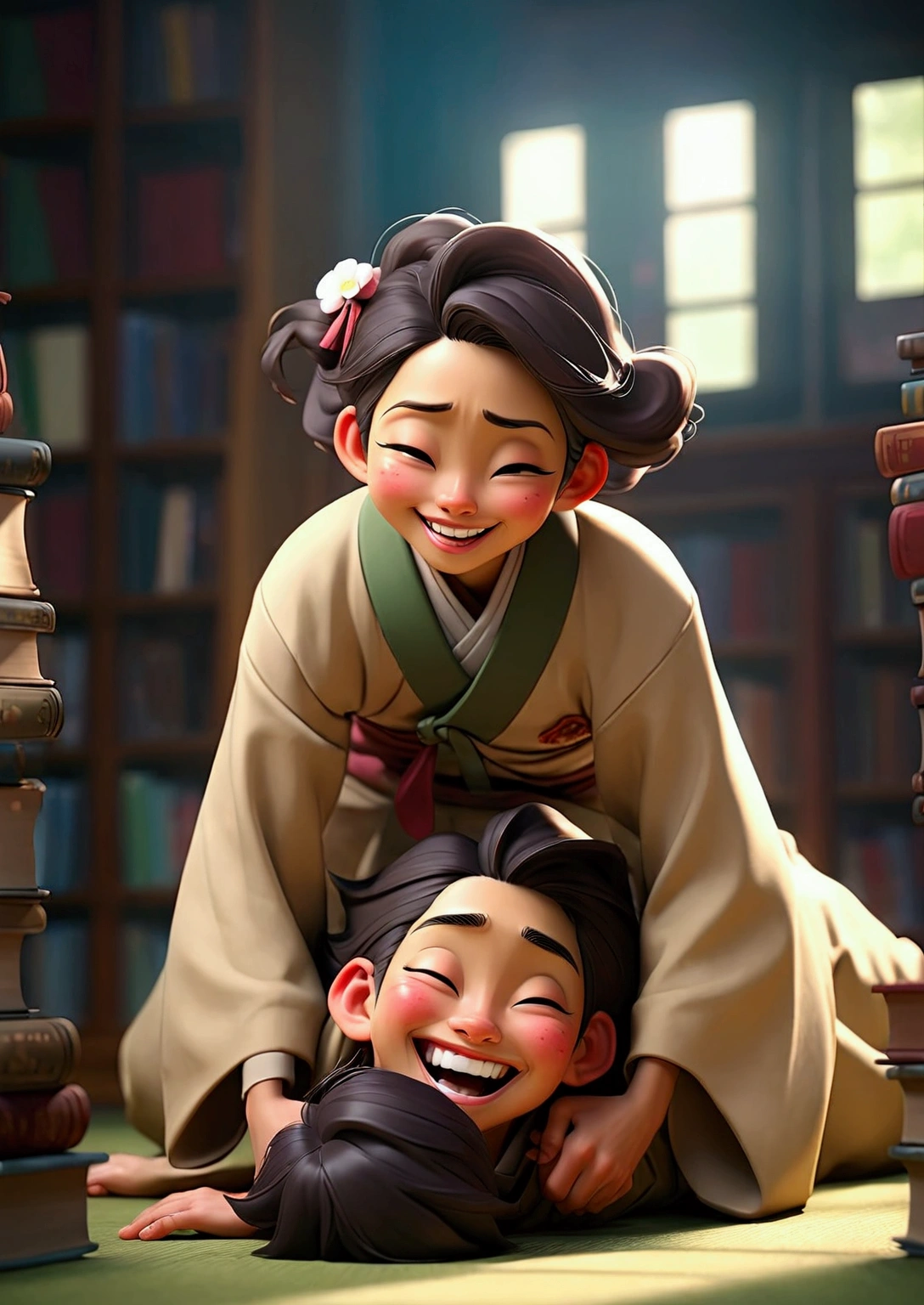 romantic couple. Japanese. a man is (lying on the library floor), laughing cheerfully, woman (sitting) laughing wearing Japanese school clothes (above him).