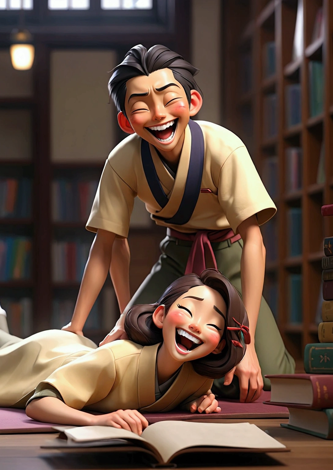 romantic couple. Japanese. a man is (lying on the library floor), laughing cheerfully, woman (sitting) laughing wearing Japanese school clothes (above him).