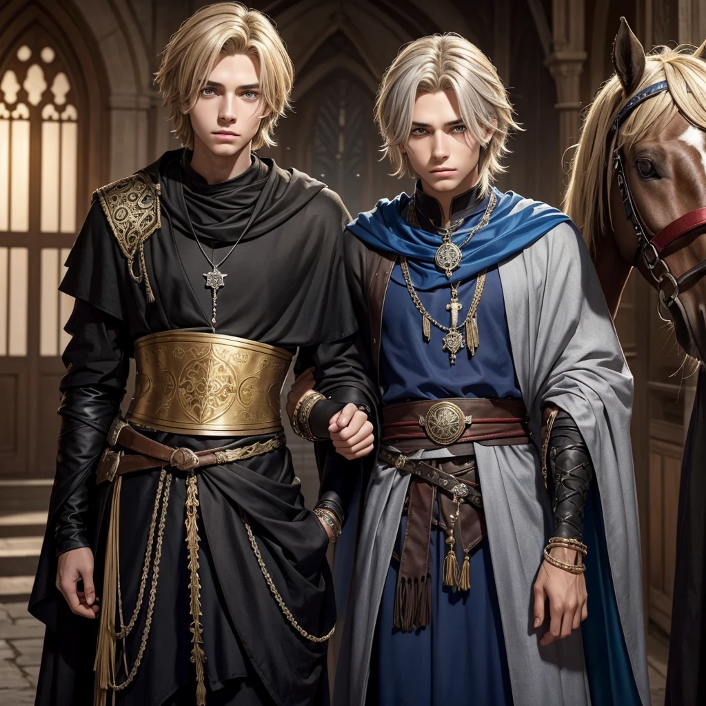 Create me a male teenager, slightly messy blonde hair with some visible gray strands , golden eyes, a necklace with a blue stone and some details, a black medieval outfit and some bracelet of many colors , a red cloth wrapped around the waist and a serious face that gives off an aura of someone good. I just want a teenager alone, where there is a horse in the background