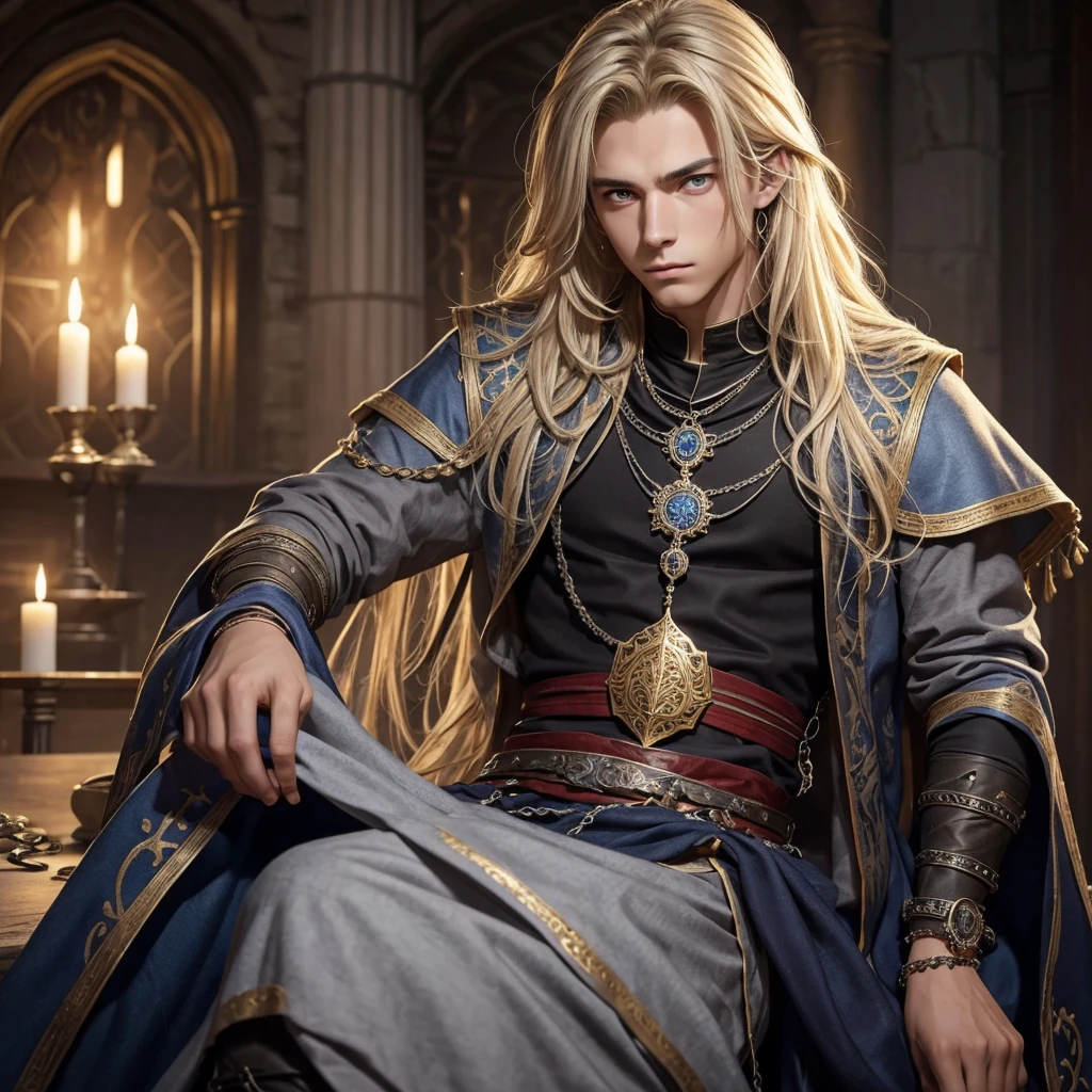 Create me a 17 year old male teenager, slightly messy blonde hair with some visible gray strands , golden eyes, a necklace with a blue stone and some details, a black medieval outfit and some bracelet of many colors , a red cloth wrapped around the waist and a serious face that gives off an aura of someone good. I just want a teenager alone, where there is a horse in the background