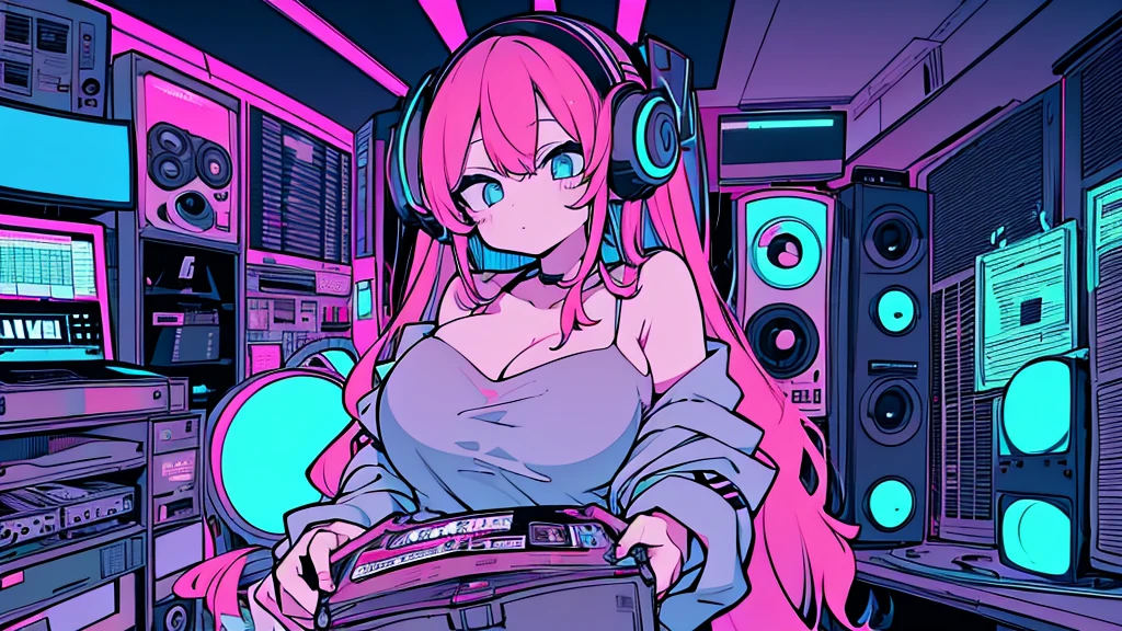 Best quality, (masterpiece), best detail face,1 girl, big breasts, 18 yo, 8k,absurdres,unity 8k wall paper,(extremely detailed:1.3), highest realistic, (retro headphones:), (soft neon light:), (psychedelic), Her room full of music equipment and records, sports wear , See the whole room, She is at the end of the room, natural color palette
