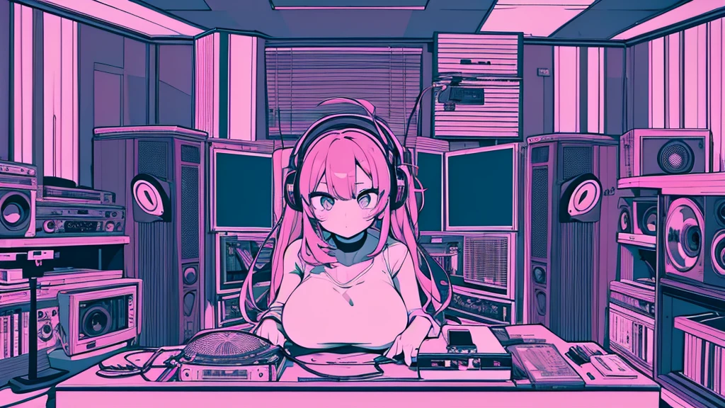 Best quality, (masterpiece), best detail face,1 girl, big breasts, 18 yo, 8k,absurdres,unity 8k wall paper,(extremely detailed:1.3), highest realistic, (retro headphones:), (soft neon light:), (psychedelic), Her room full of music equipment and records, sports wear , See the whole room, She is at the end of the room, natural color palette
