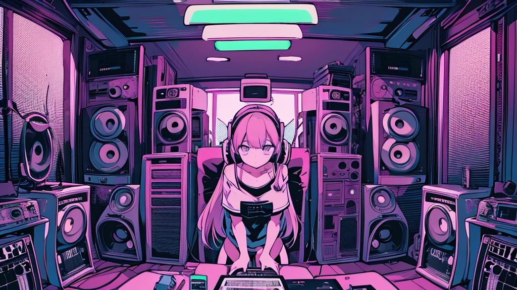 Best quality, (masterpiece), best detail face,1 girl, big breasts, 18 yo, 8k,absurdres,unity 8k wall paper,(extremely detailed:1.3), highest realistic, (retro headphones:), (soft neon light:), (psychedelic), Her room full of music equipment and records, sports wear , See the whole room, She is at the end of the room, natural color palette
