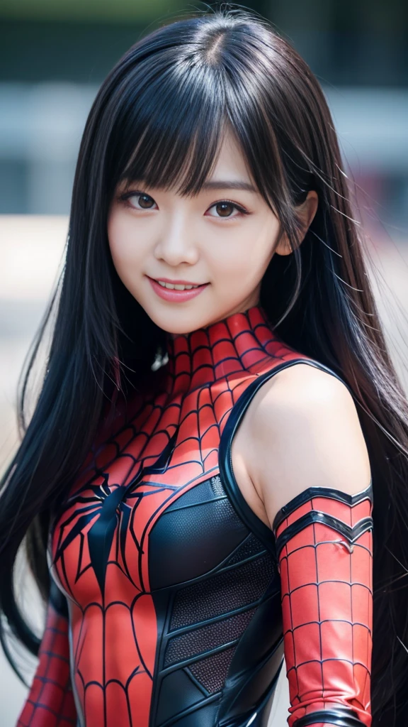 Japanese Girls, 20-year-old, Heavy makeup, Detailed face, Long Hair, Black Hair, Beautiful Eyes, Realistic, Face close-up, smile。Sexy pose, Wearing a rubber Spiderman costume(Marvel characters), 8K, Cinematic, Sexy Girl