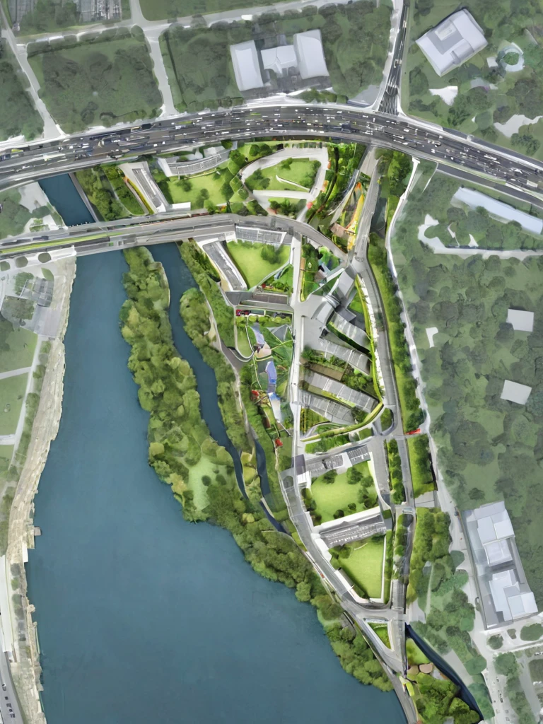 ((Site Plan)), (masterpiece),(high quality), best quality, epic realistic,,(realistic), super detailed, (full detail),(4k),8k,scenery, , tree, river, road,car,parking slot, park, , no shadow, cinematic, hdr,