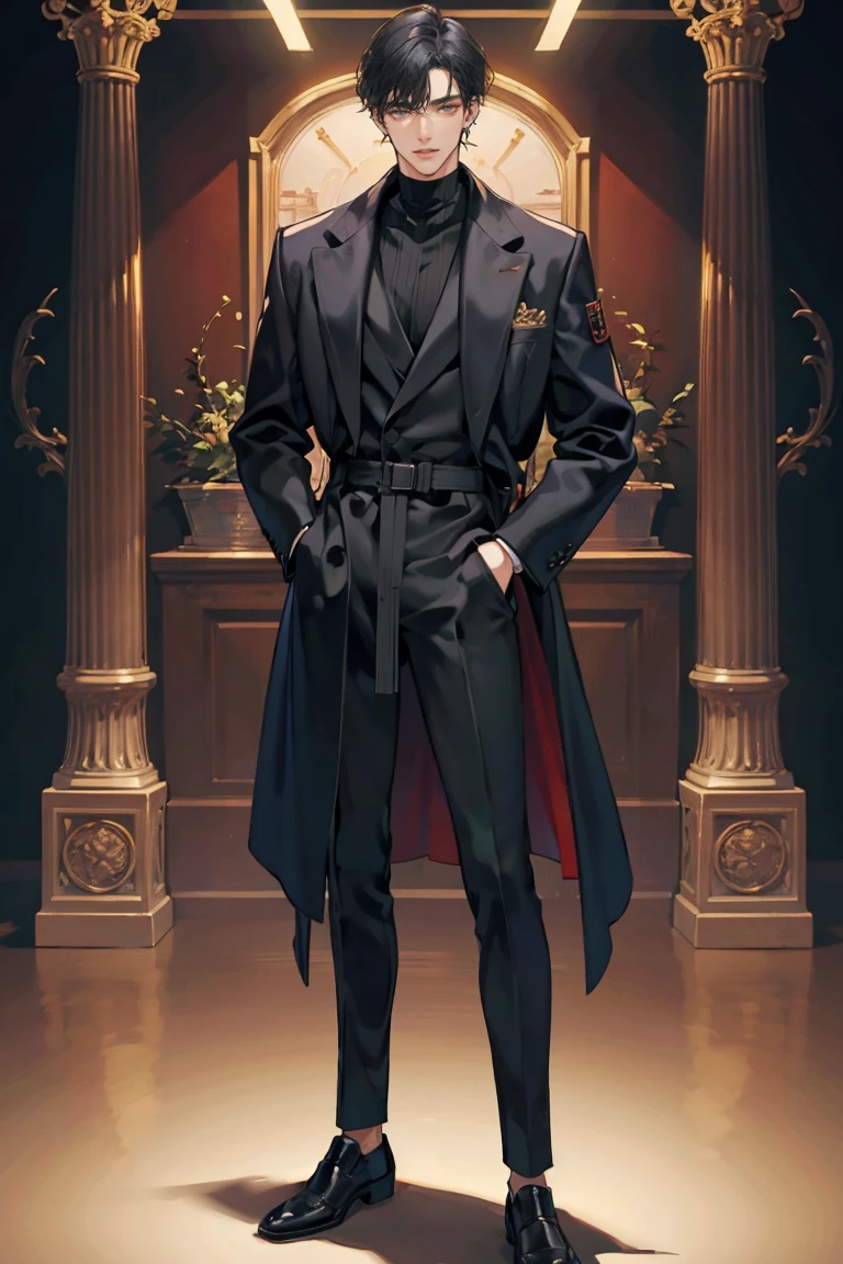 (masterpiece), best quality, seductive eyes, perfect face, handsome man, brown eyes, long middle part black hair, long nose, tan brown skin, plain black turtleneck, black coat, black fitted pants, extremely tall man, long legs, long calves, full body, tall man, long legs, anime cover, 1boy, ear piercings, hands in pockets, adult-like look, cafe background
