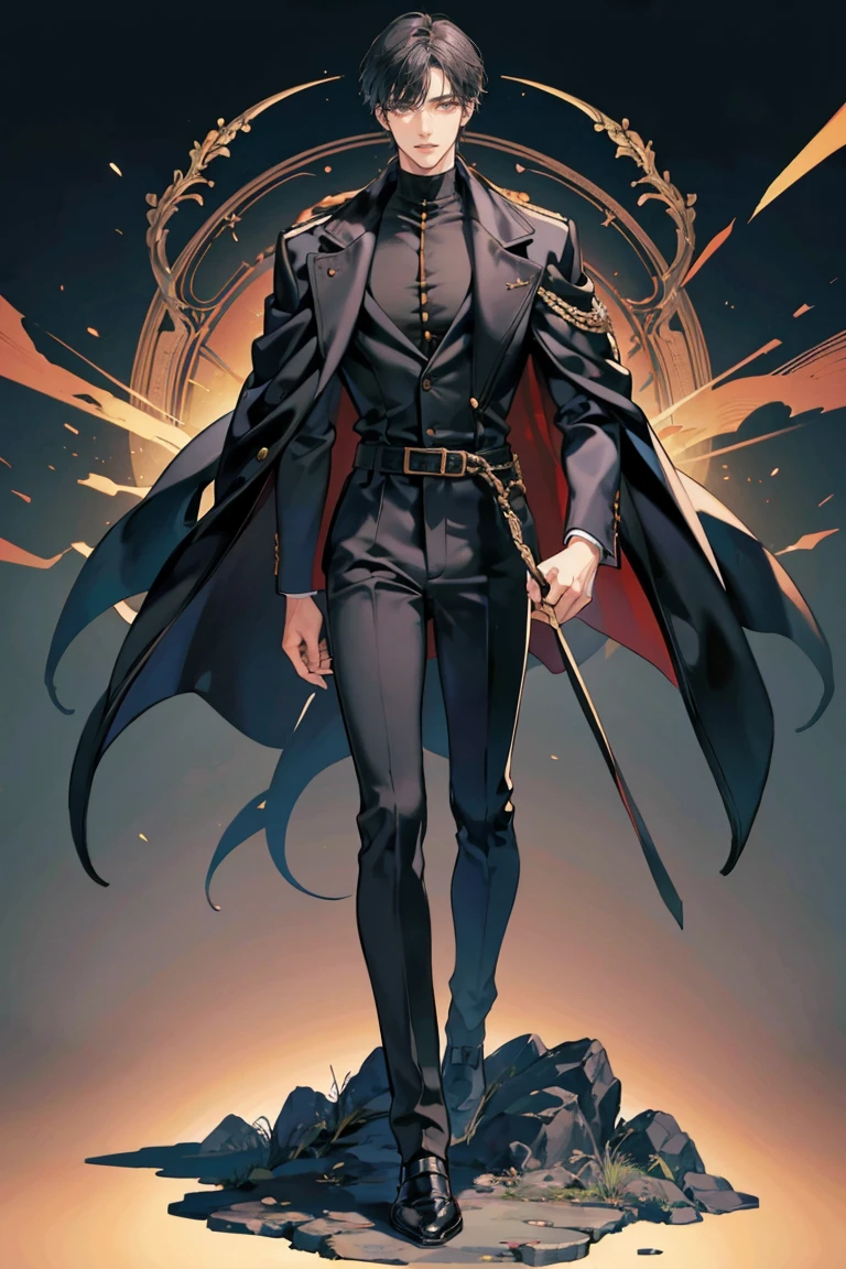 (masterpiece), best quality, seductive eyes, perfect face, handsome man, brown eyes, long middle part black hair, long nose, tan brown skin, plain black turtleneck, black coat, black fitted pants, extremely tall man, long legs, long calves, full body, tall man, long legs, anime cover, 1boy, ear piercings, hands in pockets, adult-like look, cafe background