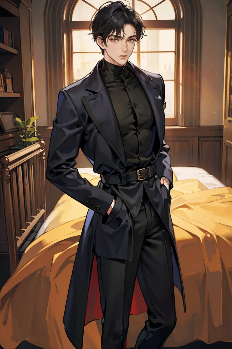 (masterpiece), best quality, seductive eyes, perfect face, handsome man, brown eyes, long middle part black hair, long nose, tan brown skin, plain black turtleneck, black coat, black fitted pants, extremely tall man, long legs, long calves, full body, tall man, long legs, anime cover, 1boy, ear piercings, hands in pockets, adult-like look, cafe background
