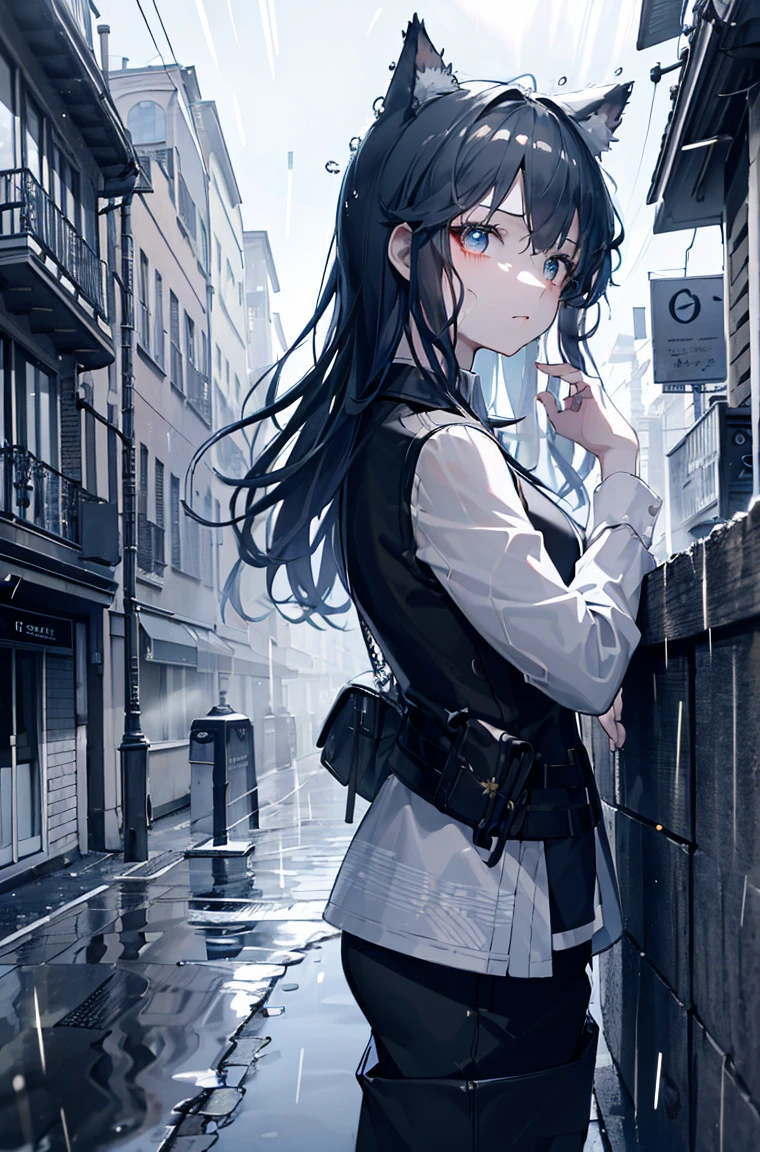 A masterpiece,omertosa,best quality, Illustration style,Large aperture portrait, Anime Girl, beautiful eyes, summer, Wide leg pants, small, Heartwarming, Youthful and beautiful,,Regular Clothes,Black and white,, showing a natural casual style. Dynamic posture contains the golden ratio, China, White space, Strong contrast between light and shadow, Super texture, Super clear and concise pictures, presenting extremely beautiful, Elegant temperament, subtle facial expressions, City background, rain, Road area water reflection,one person
