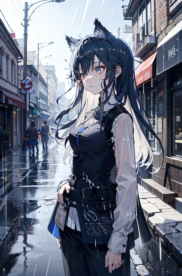 A masterpiece,omertosa，best quality, Illustration style，Large aperture portrait， Anime Girl, beautiful eyes, summer, Wide leg pants, small, Heartwarming, Youthful and beautiful,,Regular Clothes，Black and white,, showing a natural casual style. Dynamic posture contains the golden ratio, China, White space, Strong contrast between light and shadow, Super texture, Super clear and concise pictures, presenting extremely beautiful, Elegant temperament, subtle facial expressions, City background, rain, Road area water reflection，one person