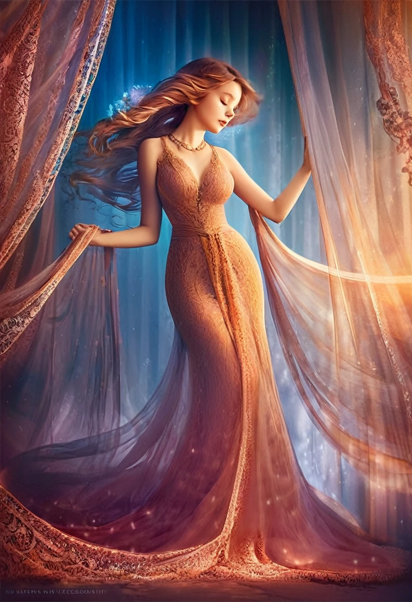 A captivating portrait photograph of an elegant woman with long, cascading hair, gracefully posed behind lace drapes that exude a dreamy, ethereal ambiance. The woman is adorned in a form-fitting, shimmering gown, emanating an aura of enchantment. Delicate golden chains wrap around her arms, symbolizing the societal constraints she endures. The warm, soft lighting enhances the dreamlike quality of the image, capturing the essence of beauty and strength amidst life's challenges. vibrant style.