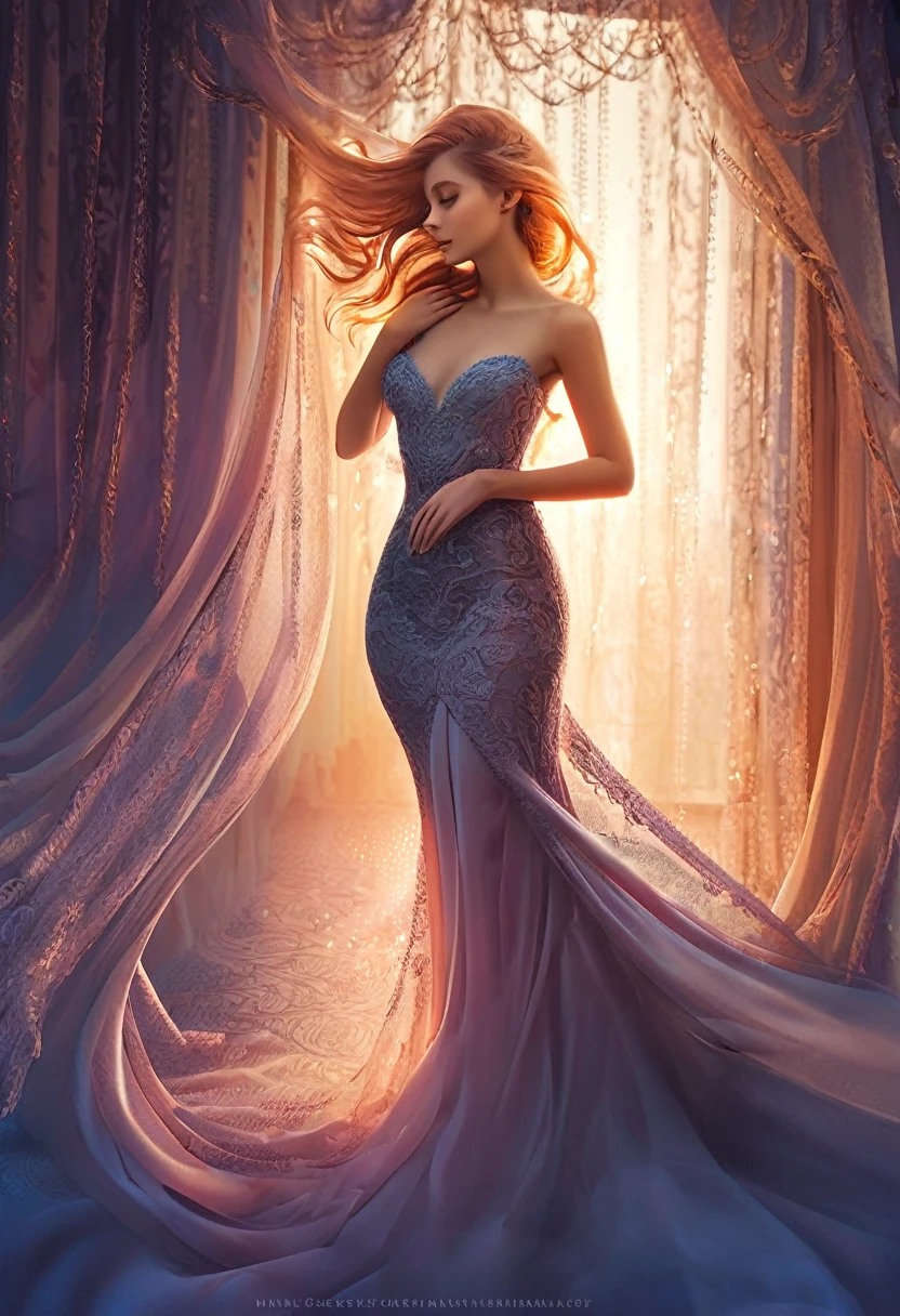 A captivating portrait photograph of an elegant woman with long, cascading hair, gracefully posed behind lace drapes that exude a dreamy, ethereal ambiance. The woman is adorned in a form-fitting, shimmering gown, emanating an aura of enchantment. Delicate golden chains wrap around her arms, symbolizing the societal constraints she endures. The warm, soft lighting enhances the dreamlike quality of the image, capturing the essence of beauty and strength amidst life's challenges. vibrant style.
