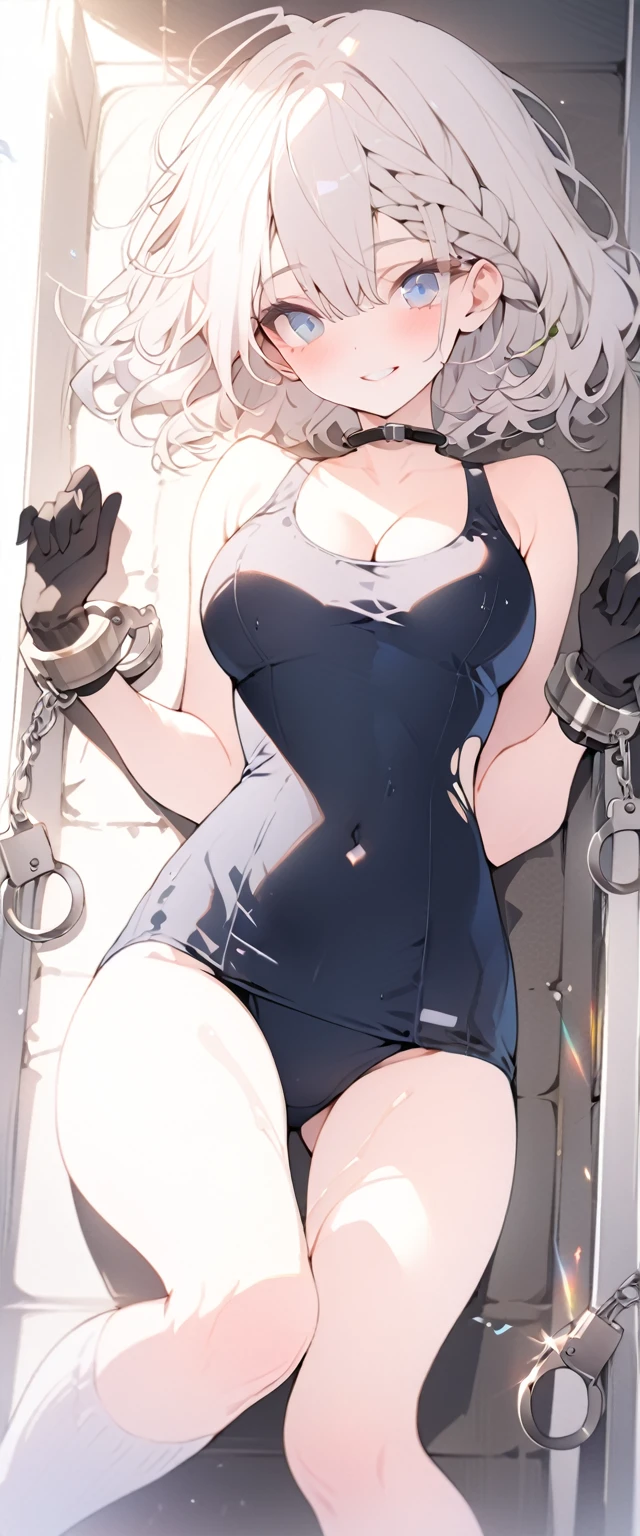 beautiful, masterpiece, Highest quality, anime, One girl,Portrait Shot, View your viewers, Covered、Short Hair、nearby、Blue Eyes、art、White hair,black streaked hair、Thighs、Braid、Bright、smile、Cleavage、 Torn old school swimsuit、Poolside、Lying on your back、Constraints、handcuffs、Shackles、Foot ingots、Black knee socks、Black long gloves