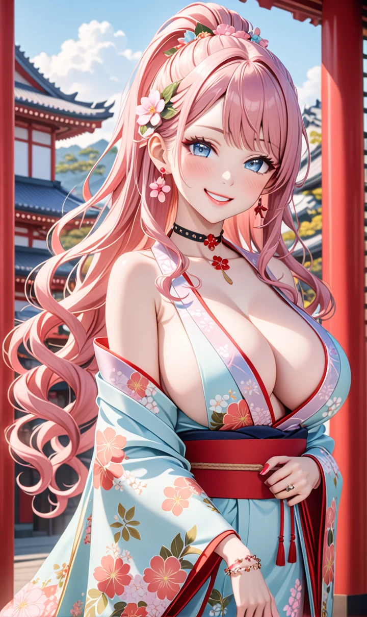 ultra-detailed, ((one girl)), (pale skin:1.4), in pastel colors gyaru, (heavy makeup), (professional lighting) hyper detailed, absurdres, 8K, Beautiful Face, (Laugh shyly), ((teasing smile:1.8)), ((Wink:1.7)), (Laugh with your mouth wide open),((Tilt your face:1.6)), View your viewers, ((Bright red cheeks:1.6)),Glossy Red Lips, ((Big Breasts:1.5)), ((undressing:1.2)), noon, Shrine festival venue , ((Anime style background)),masterpiece, Highest quality, so beautiful,Latest, Complex details, (Pink long nails), (nail art), (ring),(bracelet), (Floral Choker),AI-generated, Complex,High resolution, Highest quality, super high quality,3D Images、3D Images,One person,Pastel pink long hair,(High Ponytail), (wavy hair:1.3), Pastel anime woman posing for a photo, ((Fine grain、blue eyes、glowing eyes:1.4)), (Squint your eyes:1.1),a hyperRealistic , hyperRealistic , Realistic,Anime woman with long pastel pink hair, Smooth anime CG art, A girl in a gorgeous pastel-colored kimono, ((Pastel-colored furisode)),(Pink large floral pattern), (sideboob), Long flower hair ornament,Floral Earrings, Mature Body, tall,Narrow waist,((from side)),