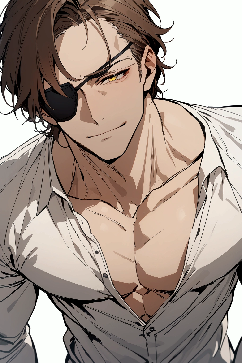 ((masterpiece)), ((best quality)), (from front, facing front), (half-body shot:1.2), (close-up:1.1), (visible full head), perfect anatomy, 1man, solo, adult man, brown hair, yellow eyes, one eye covered, eyepatch, white shirt, weak smile