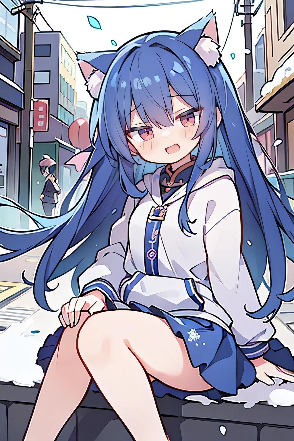 (masterpiece:1.2),Super detailed,lifelike,Expressive eyes,fair skin,perfect face shape,1 girl,
Japanese comics,Gorgeous blue hair,flowing blue hair,flowing clothes,Cat ears,Petals fall,beautiful lola,Baby Angel,
Shaking head with one hand,Cross your legs,smile, wearing hoodie,snowing,City streets。