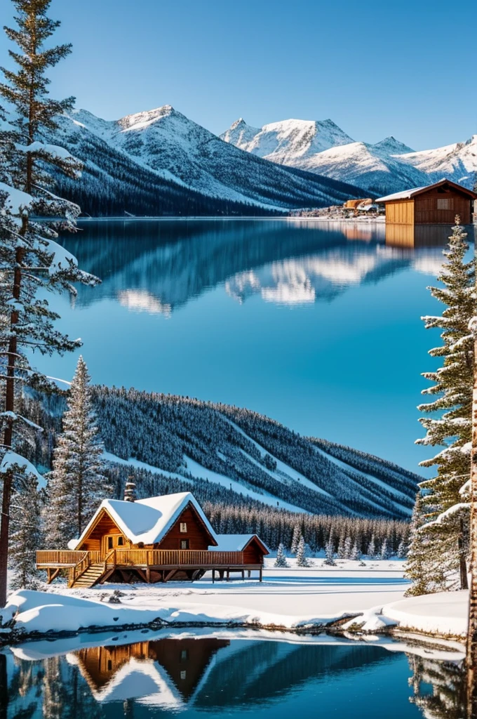 (high quality)(Vision)Frozen lake,There is a Nordic-style cabin next to it.,Behind the cabin is a stretch of snow-capped mountains