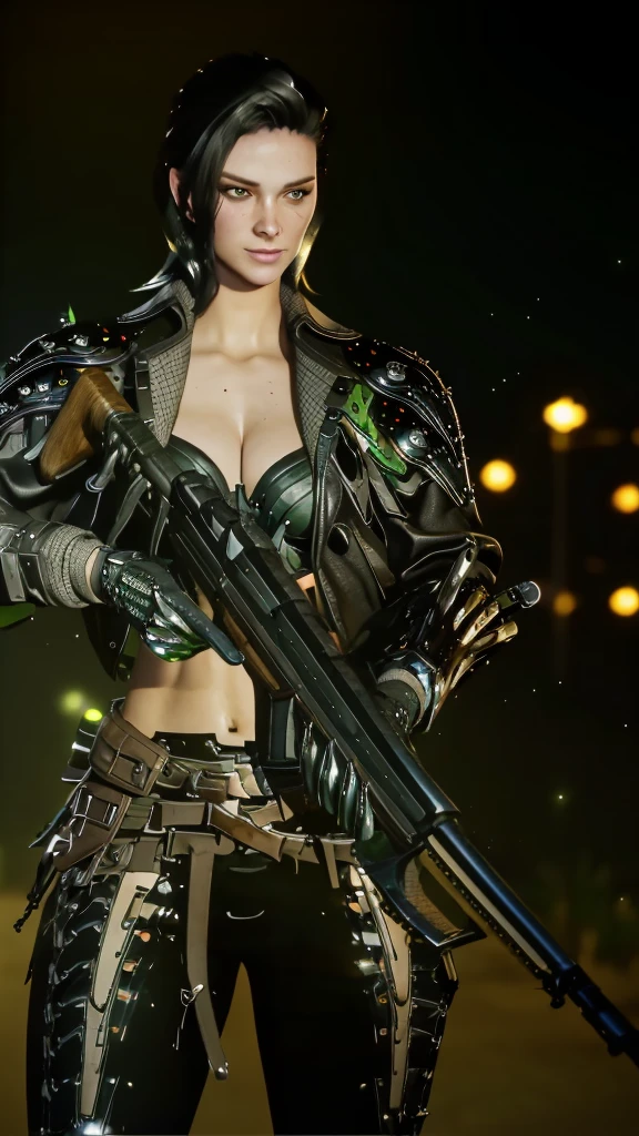 (((upper body, a woman stands in a city, dark sky, high buildings, storm, aiming with rifle))), beautiful eyes, beautiful girl, highly detailed skin, highly detailed eyes, Highly detailed hair, highres, extremely detail, Sharpen image, muito detalhado, ​masterpiece, best quality, photorealestic,
 1 girl, shorth hair, cyberpunk, jacket, armor, gloves, belt, lederhosen, glowing, Size, tube top, Decollete, holding pistol, rifle,