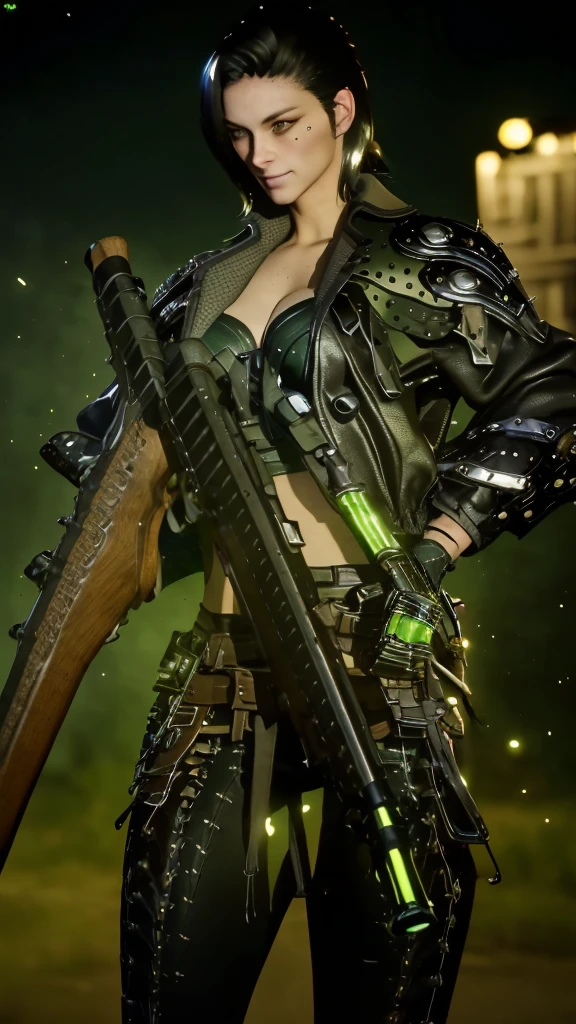 (((upper body, a woman stands in a city, dark sky, high buildings, storm, aiming with rifle))), beautiful eyes, beautiful girl, highly detailed skin, highly detailed eyes, Highly detailed hair, highres, extremely detail, Sharpen image, muito detalhado, ​masterpiece, best quality, photorealestic,
 1 girl, shorth hair, cyberpunk, jacket, armor, gloves, belt, lederhosen, glowing, Size, tube top, Decollete, holding pistol, rifle,