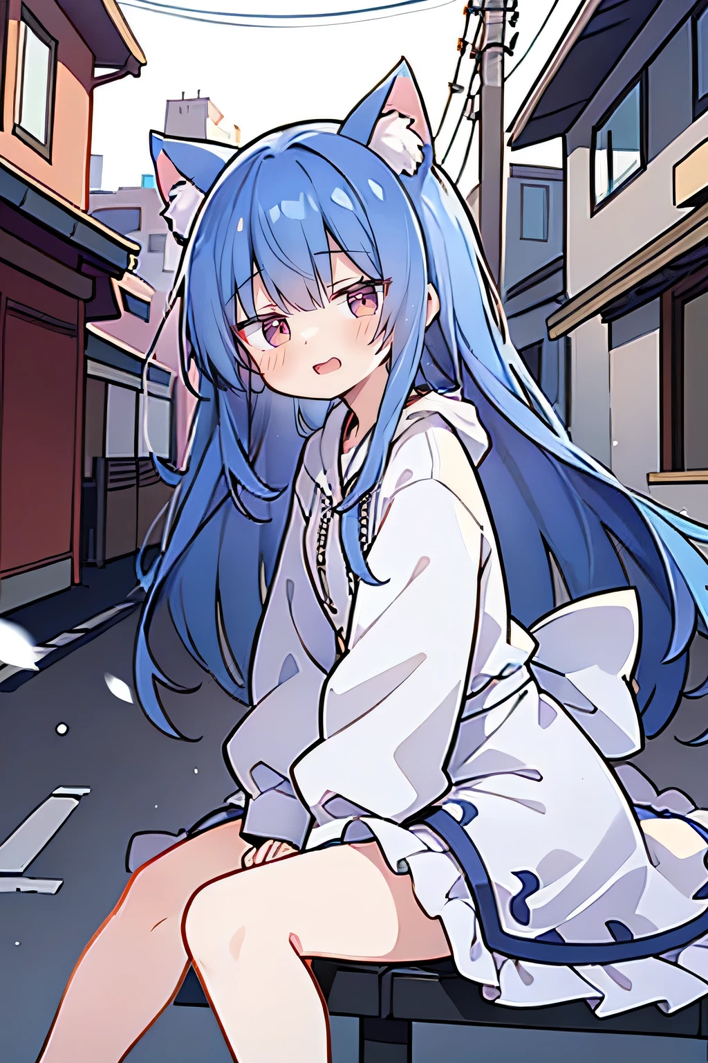 (masterpiece:1.2),Super detailed,lifelike,Expressive eyes,fair skin,perfect face shape,1 girl,
Japanese comics,Gorgeous blue hair,flowing blue hair,flowing clothes,Cat ears,Petals fall,beautiful lola,Baby Angel,
Shaking head with one hand,Cross your legs,smile, wearing hoodie,snowing,City streets。