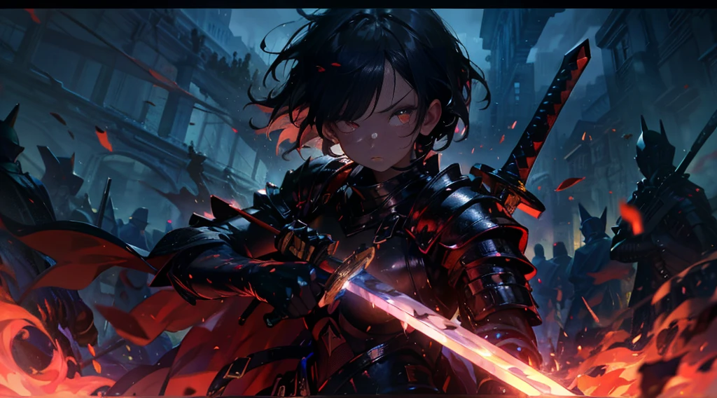 masterpiece, best quality, high quality, detailed, ultra detailed, hyper detailed, insanely detailed, exquisite, beautiful, FHD, Full-HD, 4K, 8K, 16K, highres, absurdres, ((1girl)), medium shot,mystic knight, serious look, sword fighting, covering one eye, black hair, red eyes, armor, long boots, with a sword, fantasy,hailoknight, holding sword, holding weapon