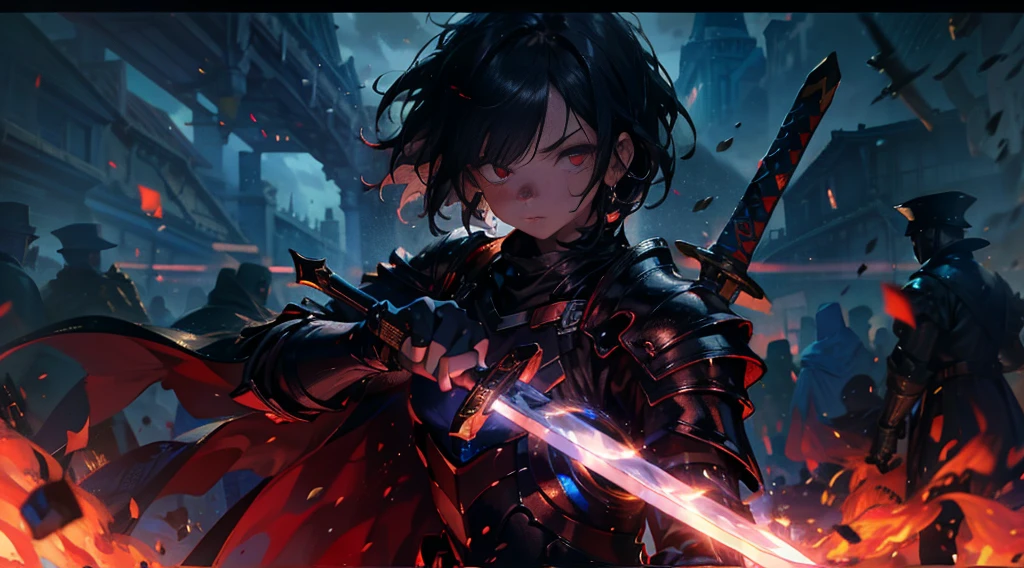 masterpiece, best quality, high quality, detailed, ultra detailed, hyper detailed, insanely detailed, exquisite, beautiful, FHD, Full-HD, 4K, 8K, 16K, highres, absurdres, ((1girl)), medium shot,mystic knight, serious look, sword fighting, covering one eye, black hair, red eyes, armor, long boots, with a sword, fantasy,hailoknight, holding sword, holding weapon
