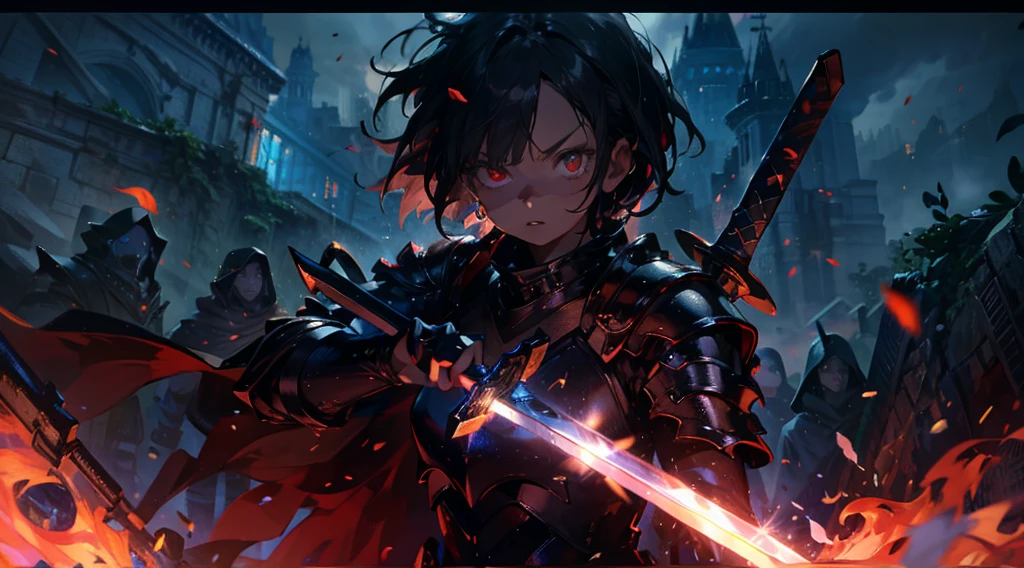 masterpiece, best quality, high quality, detailed, ultra detailed, hyper detailed, insanely detailed, exquisite, beautiful, FHD, Full-HD, 4K, 8K, 16K, highres, absurdres, ((1girl)), medium shot,mystic knight, serious look, sword fighting, covering one eye, black hair, red eyes, armor, long boots, with a sword, fantasy,hailoknight, holding sword, holding weapon