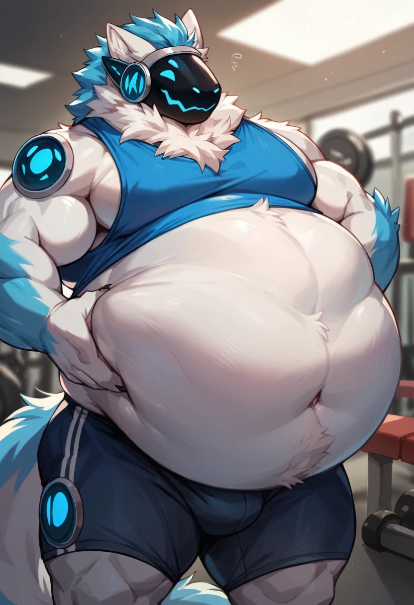 muscular blue male Protogen wearing gym clothing, has white fur, has blue mechnical parts, has dark blue eyes, fat, overweight, massive belly, vore, large massive stomach