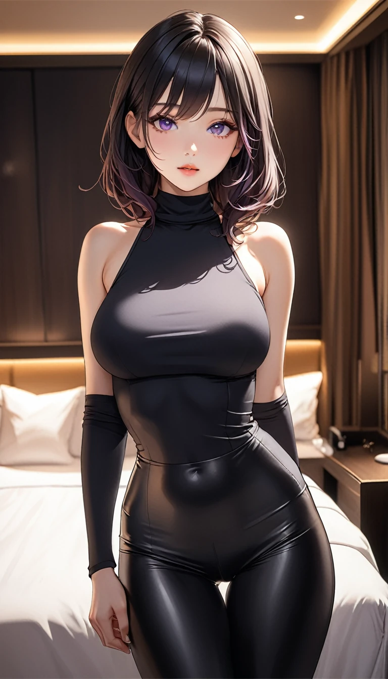 masterpiece, high resolution, beautiful woman, Korean Beauty, 30 years old, black sleeve less turtle neck, tight pants, beautiful woman, night hotel, looking at me, (high resolution face), (high resolution eyes), (high quality eyes), black hair, purple eyes, little curvy
