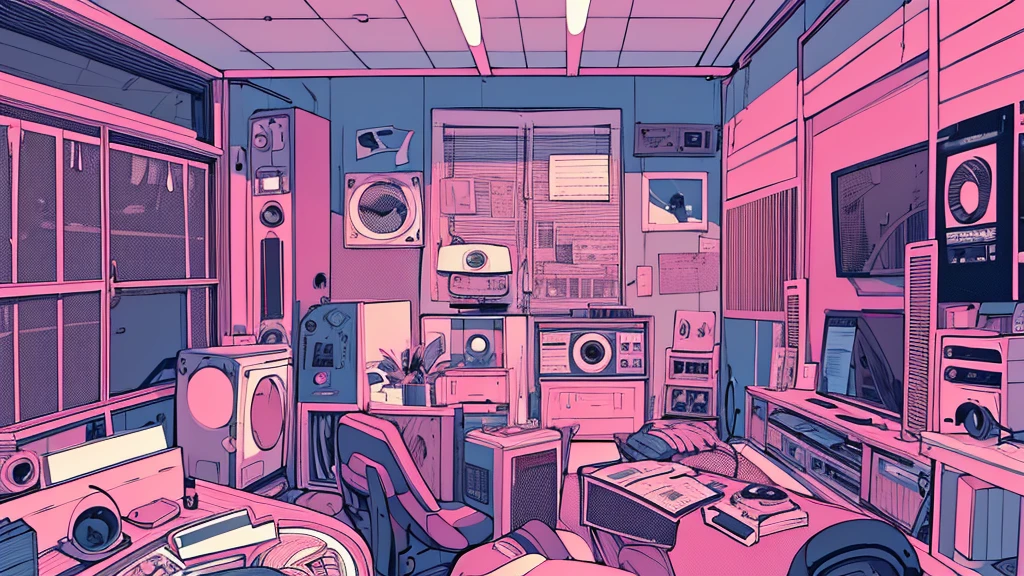 Best quality, (masterpiece), best detail face,1 girl, big breasts, 18 yo, 8k,absurdres,unity 8k wall paper,(extremely detailed:1.3), highest realistic, (retro headphones:), (psychedelic), Her room full of music equipment and records, sports wear , See the whole room, She is at the end of the room, natural color palette