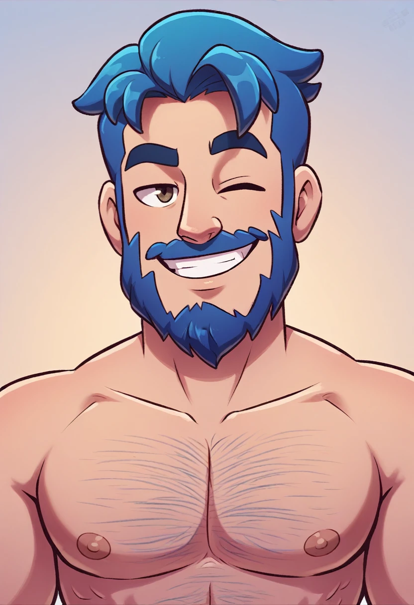 (resting on fruits) (Best Quality, 4k, 8k, high resolution, Masterpiece: 1.2), ultra detailed, Male portrait, medium closeup, very detailed face, detailed facial features, spectacular lighting, close-up, from above, anatomically correct, super detail, full blue beard and short blue hair, smile, wink, hairy chest.