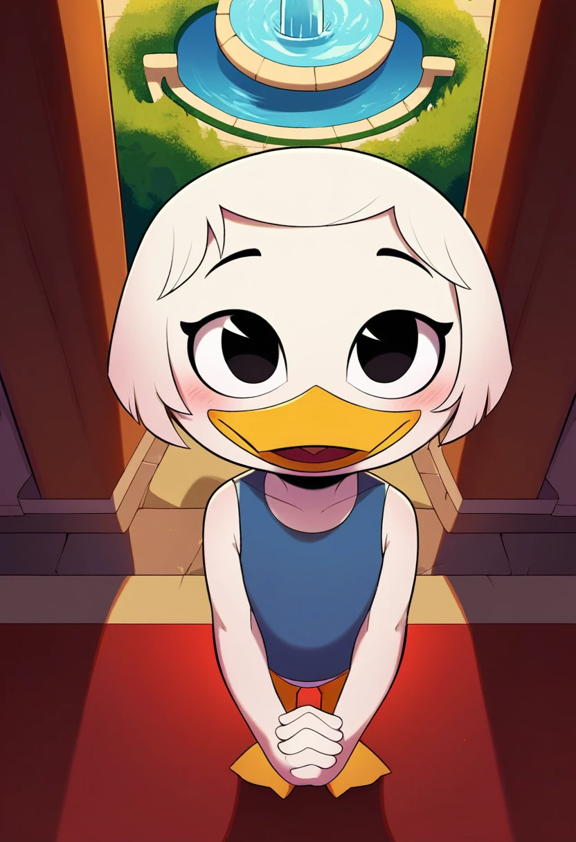 score_9, score_8_above, score_7_above, score_6_above, Best Quality, high resolution, fountain_1 hairy girl, female, Alone, inside, Mansion, specific, beak, webby vanderquack, YOUNG, White skin, by white, short hair, black eyes, black eyes, standing, hands together, orange legs, three quarter portrait, blush, happy, shines, blue vest, naked 