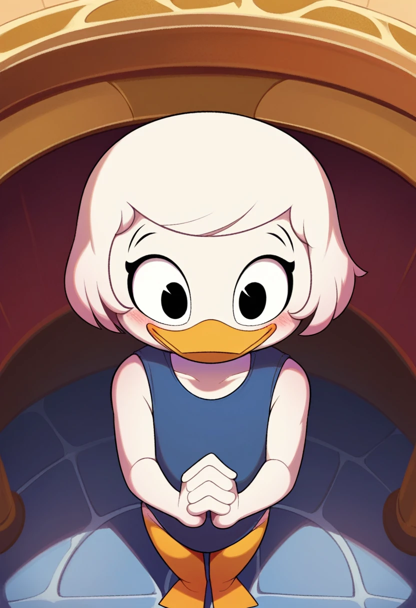 score_9, score_8_above, score_7_above, score_6_above, Best Quality, high resolution, fountain_1 hairy girl, female, Alone, inside, Mansion, specific, beak, webby vanderquack, YOUNG, White skin, by white, short hair, black eyes, black eyes, standing, hands together, orange legs, three quarter portrait, blush, happy, shines, blue vest, naked 