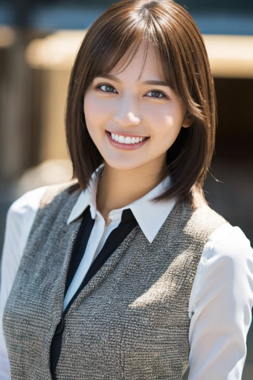 ((masterpiece)), ((Highest quality)), ((Complex)), ((Surreal)), (Realistic), (Mature Woman), ((No classes)), Very detailed, (1 female), Beautiful and exquisite, (Beautiful Teeth), Grin, Brunette Bob Hair, Brown eyes, ((blouse)), (Upper Body), (background:none), Perfect Eyes, Captivating eyes, Looking at the audience