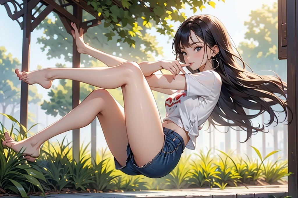 1female，15yo，Slim，熟妇，medium cleavage breasts Thin waist，slenderlegs，Pornographic exposure， 独奏，yuuki mikan, brown hair, yellow eyes, hair ornaments, long hair, topknot, wavy hair, small breasts (wearing: sport cloth, Dolphin shorts, sneaker), looking at viewer,（Background with：ln the forest，the rainforest，in summer，standing on your feet，Sweat profusely，drenched all over the body，seen from the front， hair straight， mostly cloudy sky，（（（tmasterpiece），（Very detailed CG unity 8K wallpaper），best qualtiy，cinmatic lighting，detailed back ground，beatiful detailed eyes，Bright pupils，（Very fine and beautiful），（Beautiful and detailed eye description），ultra - detailed，tmasterpiece，）），facing at camera，（Full body photo），Show shoes，A high resolution，ultra - detailed），revealing breasts， Bulge，legs are open，Raised sexy，Flushed complexion，Open-mouthed，frontage，full body