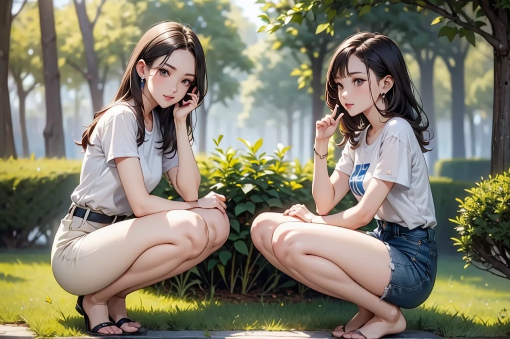 NSFW,(Natural finger shape:1.5),((Full Body Shot,Including face)),4K,masterpiece,((Focus on the face)),((Symmetrical facial features)),Eye for detailed depiction,Beautiful woman,Excellent style,Beautiful feet,(Small Ass,Thin thighs),Facial detailing,Small earrings,Low angle photo,((T-Shirts、hot pants)),Stretching exercises in a park surrounded by lush greenery early in the morning,blue blonde,Close-up photo of the upper body