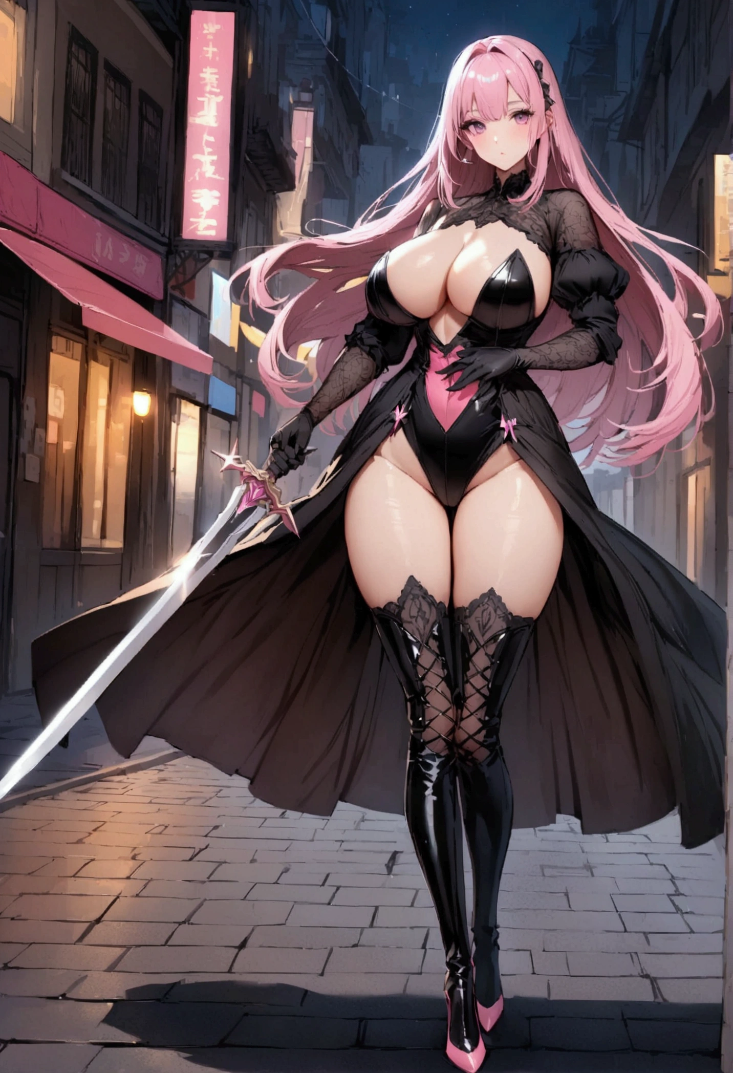 perfect and beautiful face, beautiful girl in  black and pink pointed toe stiletto knee high boots, standing on street with sword in her hands ,, leatgher gloves on, big breasts and buts