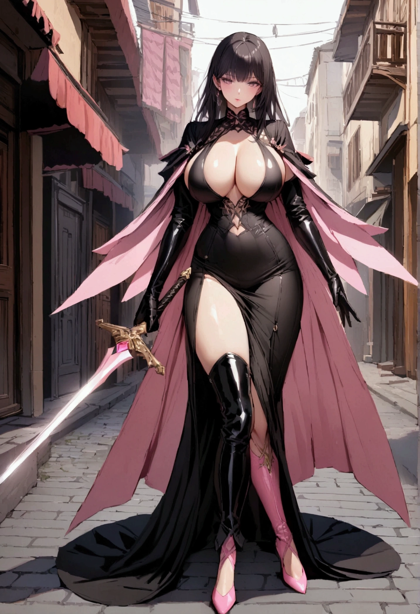 perfect and beautiful face, beautiful girl in black and pink pointed toe stiletto knee high boots, standing on street with sword in her hands ,, leatgher gloves on, big breasts and buts