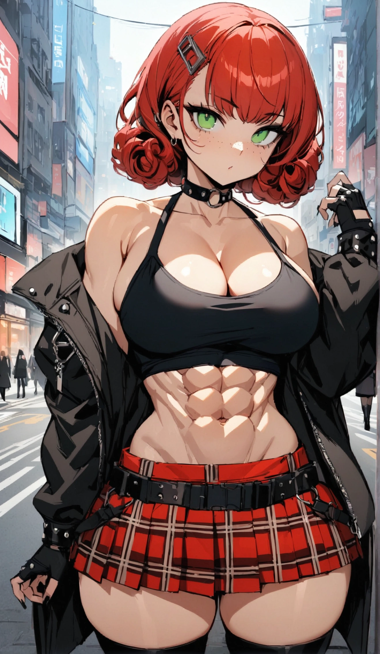 woman, curly red pixie cut hair, green eyes, wearing crop top black shirt, long black jacket, red plaid skirt, (black knee high boots), black fingerless gloves, exposed shoulders, large breasts, thick thighs, freckles, cleavage, abs, looking at viewer, masterpiece, best quality, an14, Holo-Punk Style, in the city