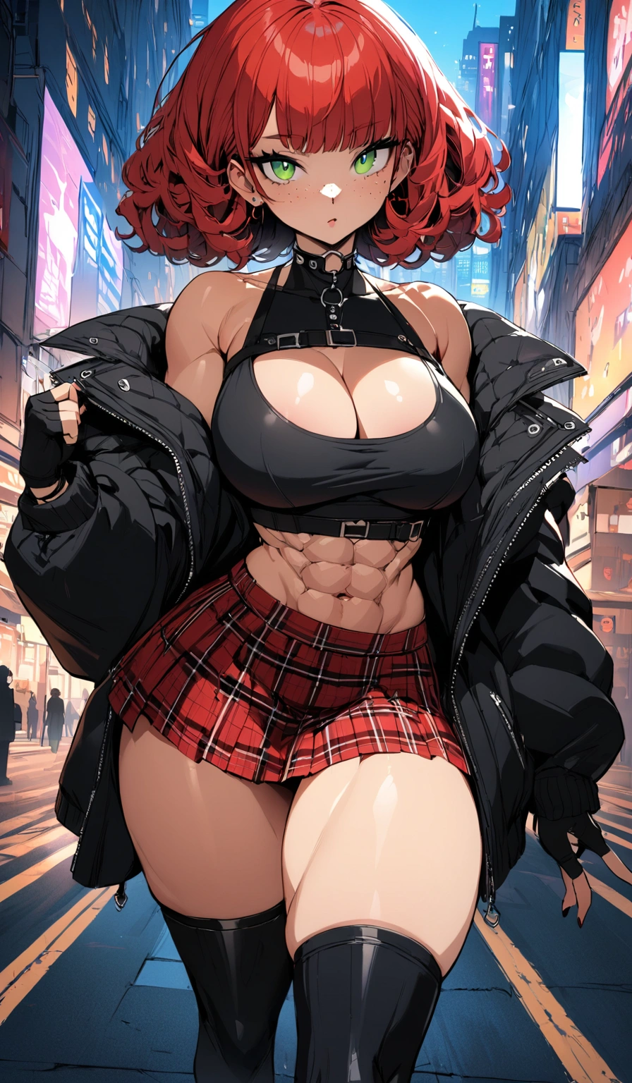 woman, curly red pixie cut hair, green eyes, wearing crop top black shirt, long black jacket, red plaid skirt, (black knee high boots), black fingerless gloves, exposed shoulders, large breasts, thick thighs, freckles, cleavage, abs, looking at viewer, masterpiece, best quality, an14, Holo-Punk Style, in the city