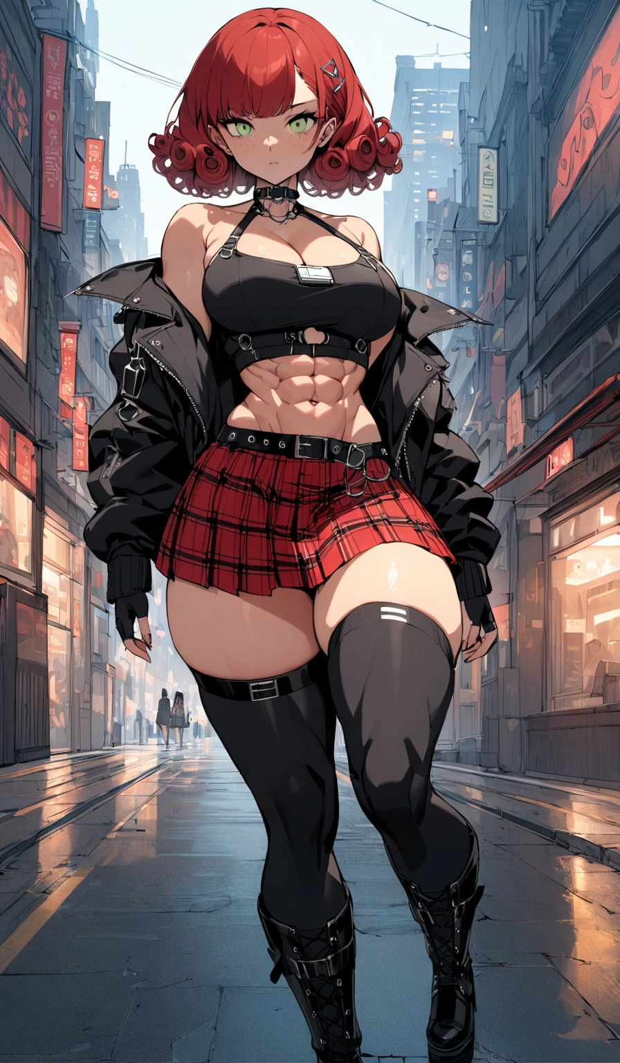 woman, stoic, curly red hair in pig tails, green eyes, black eyeshadow, wearing crop top black shirt, black hoodie, red plaid skirt, black knee high boots, black fingerless gloves, exposed shoulders, large breasts, freckles, abs, cleavage, looking down at viewer, cinematic lighting, masterpiece, best quality, best quality, Holo-Punk Style, cityscape, make up, eyelashes, fish net undershirt, fish net stockings, (full body)