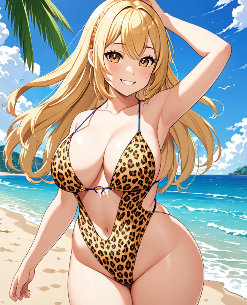 girl, blonde hair, hime cut, long hair, string slingshot swimsuit, leopard pattern, J cup breast, thicc thigh, hourglass figure, beach scene, clear view, innocent smile