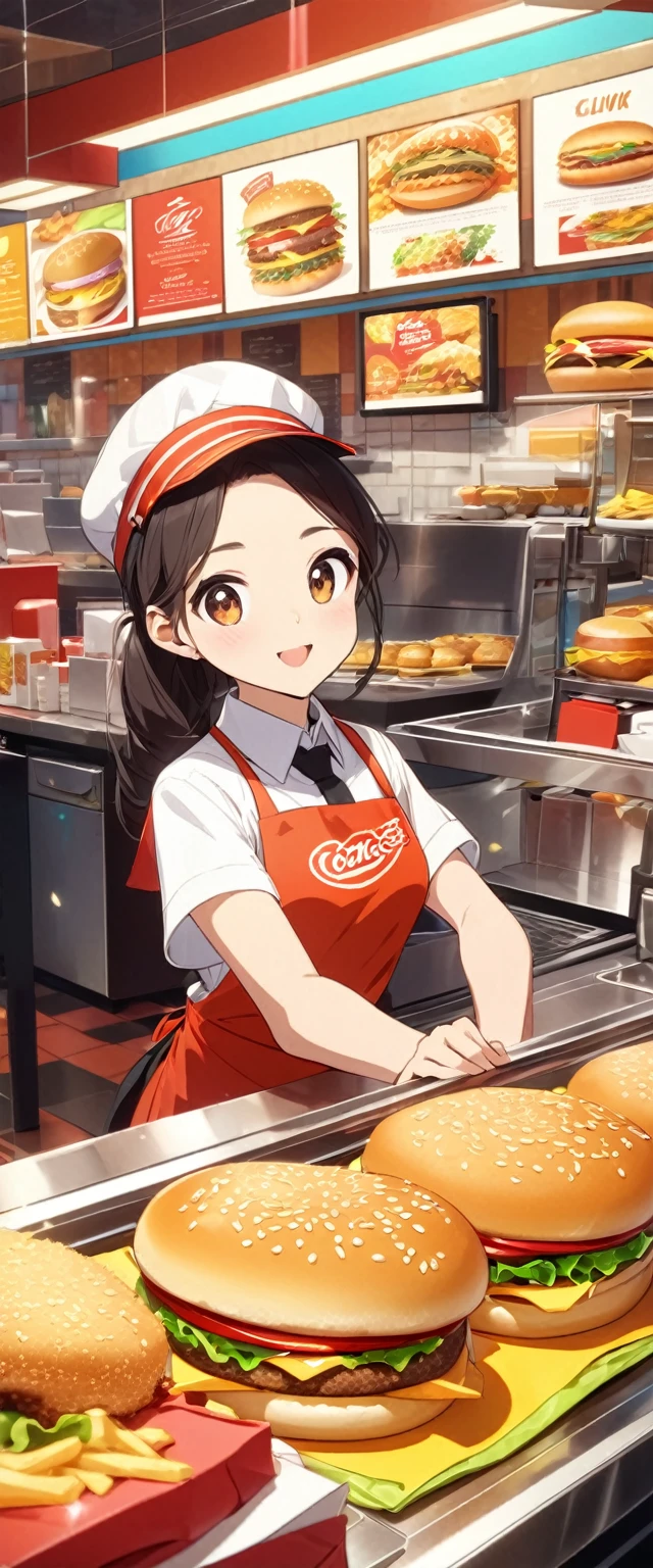 Close-up of cute, hard-working and lively fast food restaurant clerk.Beautiful and extremely textured foreground and background,detailed, bright, Animation style high definition and high quality presentation,