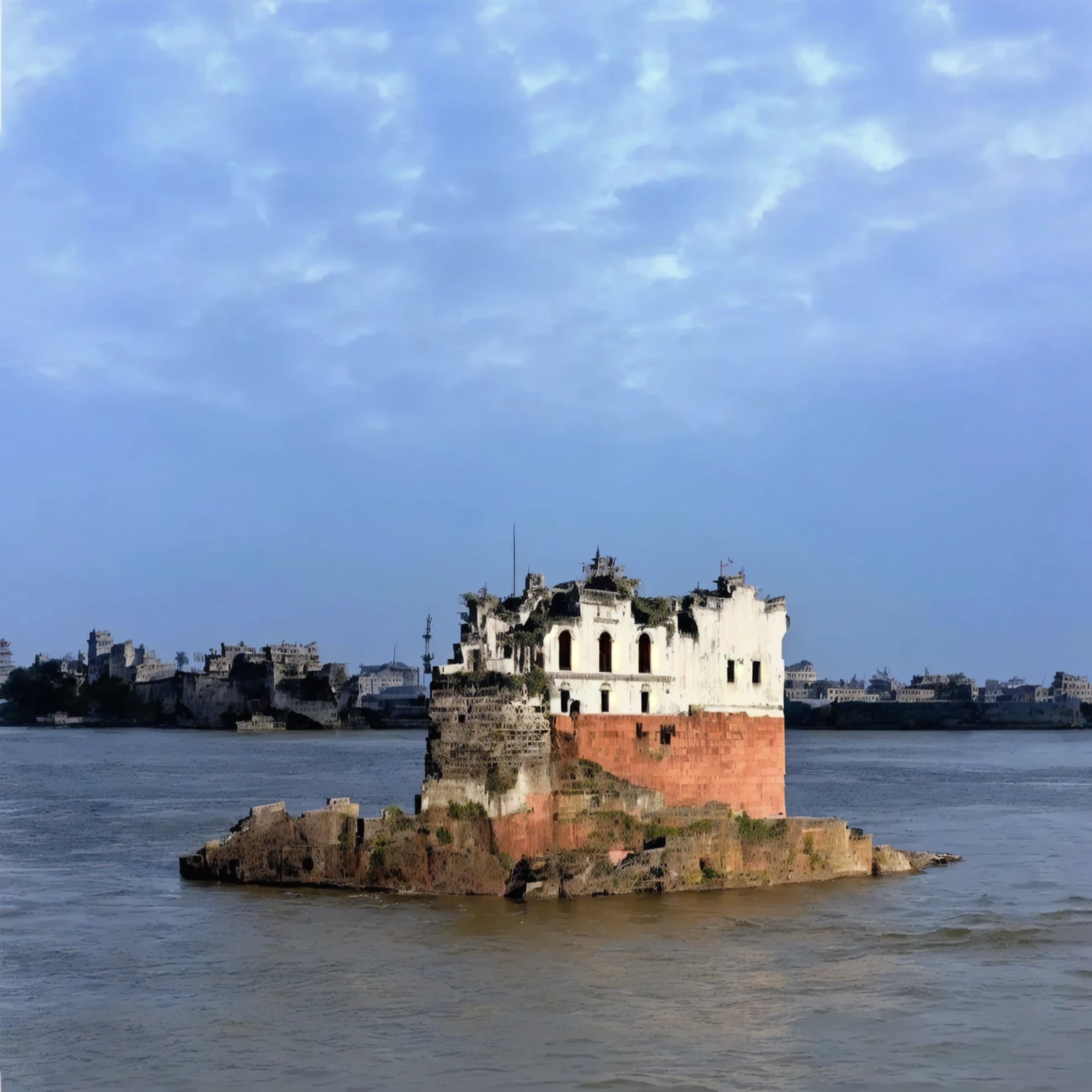There is a small building on the rocks in the middle of the water, History background, an island, Earlier, Guangjian, A huge floating castle, Totalitarian Prison Island, Hashima Island, keep, indore, viewed from the harbor, Ruins all around, The floating palace, sha xi, building along a river, This photo was taken from a distance