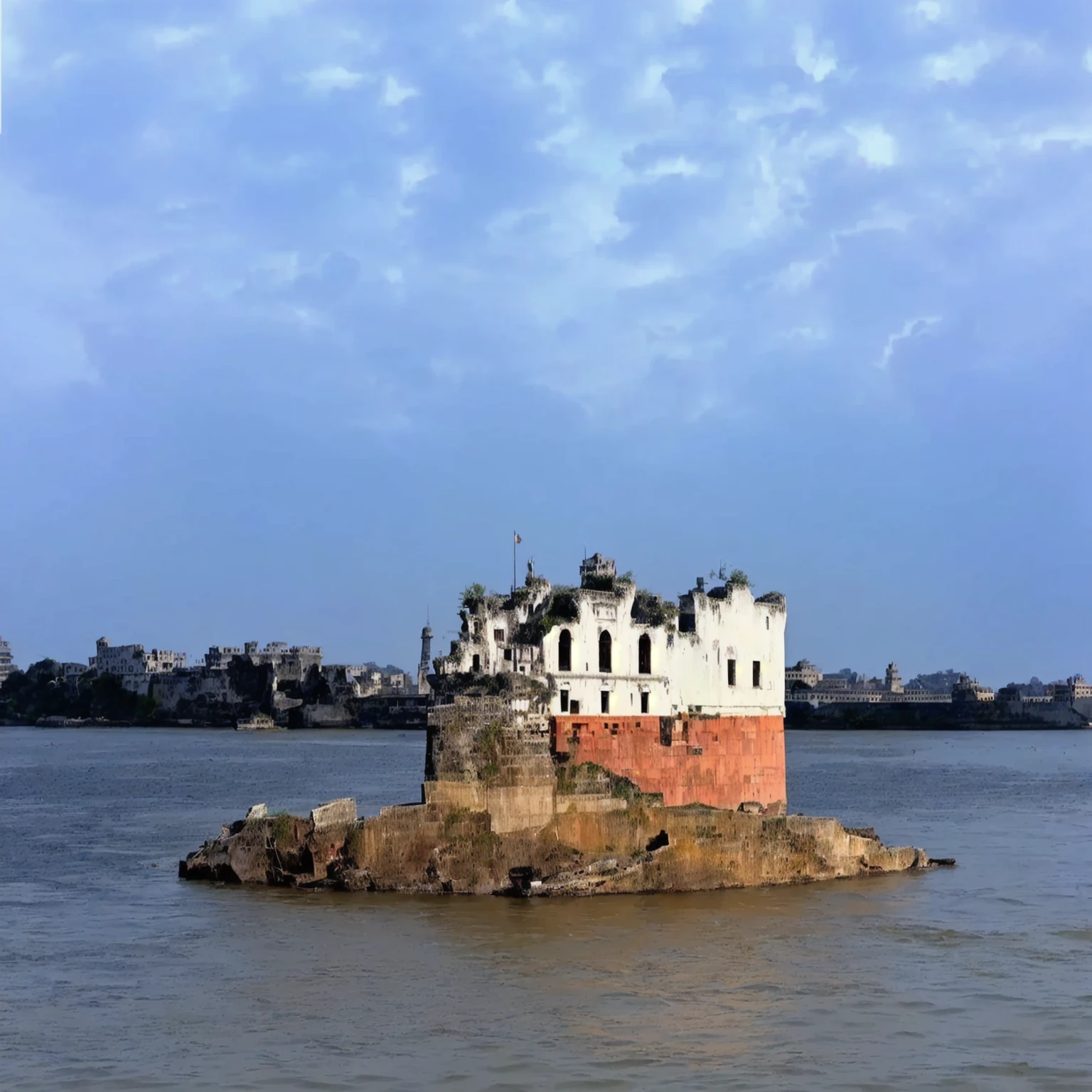 There is a small building on the rocks in the middle of the water, History background, an island, Earlier, Guangjian, A huge floating castle, Totalitarian Prison Island, Hashima Island, keep, indore, viewed from the harbor, Ruins all around, The floating palace, sha xi, building along a river, This photo was taken from a distance