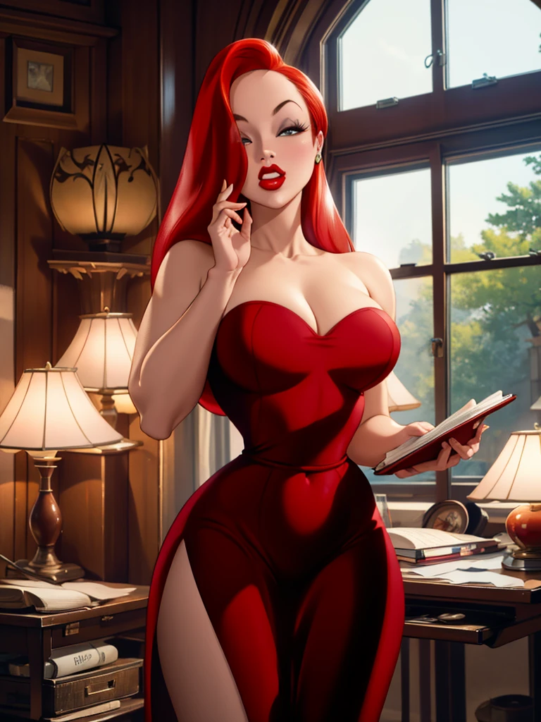 30-year-old woman, alone, beautiful, loose red hair covering one side of her face, thick and beautiful lips with red lipstick, character Jessiva Rabbit, wearing a long fitted red dress. Best quality, masterpiece, high resolution, perfect image, highly detailed, high contrast, digital colors, simple, medium shot, cinematic, ultra sharp focus, award-winning photography, perfect contrast, high sharpness, depth of field, ultra detailed photography. global illumination, fluid, ultra high definition, 8k, Unreal Engine 5, ultra sharp focus, award-winning photography, Art Season Trends,
