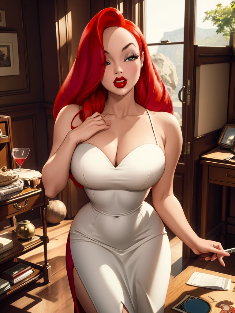 30-year-old woman, alone, beautiful, loose red hair covering one side of her face, thick and beautiful lips with red lipstick, character Jessiva Rabbit, wearing a long fitted red dress. Best quality, masterpiece, high resolution, perfect image, highly detailed, high contrast, digital colors, simple, medium shot, cinematic, ultra sharp focus, award-winning photography, perfect contrast, high sharpness, depth of field, ultra detailed photography. global illumination, fluid, ultra high definition, 8k, Unreal Engine 5, ultra sharp focus, award-winning photography, Art Season Trends,
