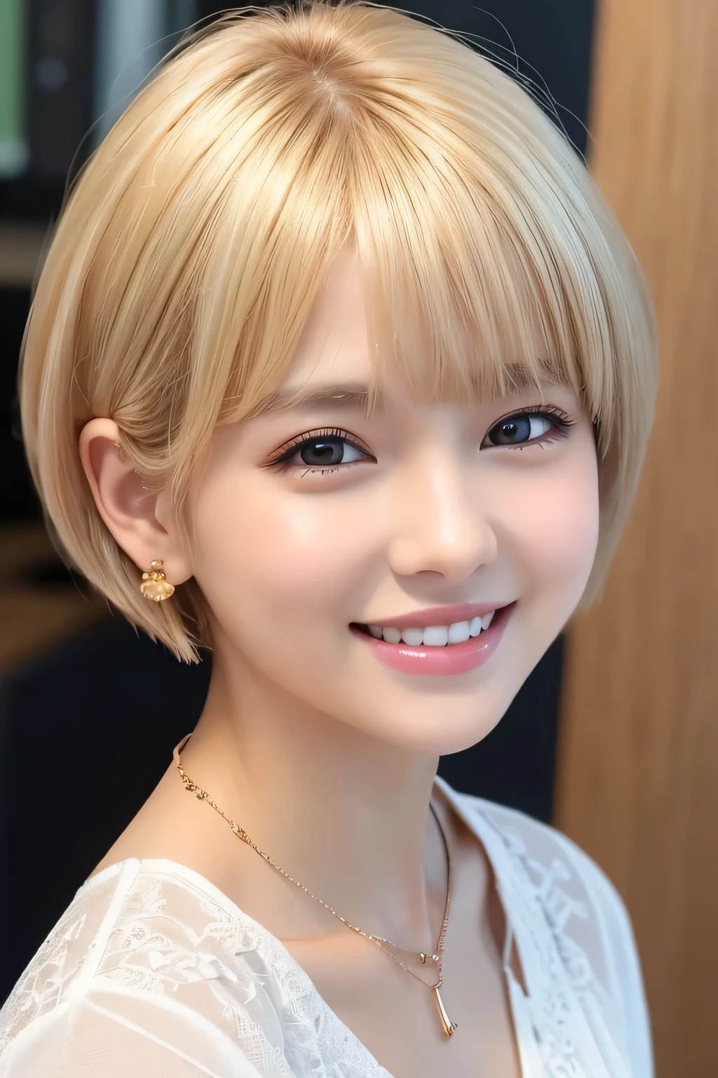 young woman、Blonde、Short Haircut、、ear piercing、Necklace around the neck、blouse、Emphasize the chest、smile、Beautiful teeth alignment、Intricate details, Very detailed:1.2), 、 Looking into the camera、The background is the office